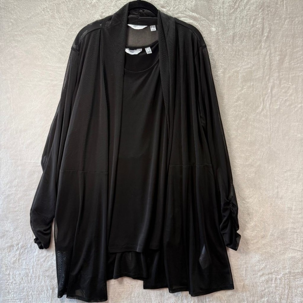 Susan Graver 2X Black Mesh Cardigan & Tank Top Set Ruched Sleeve Twinset Plus